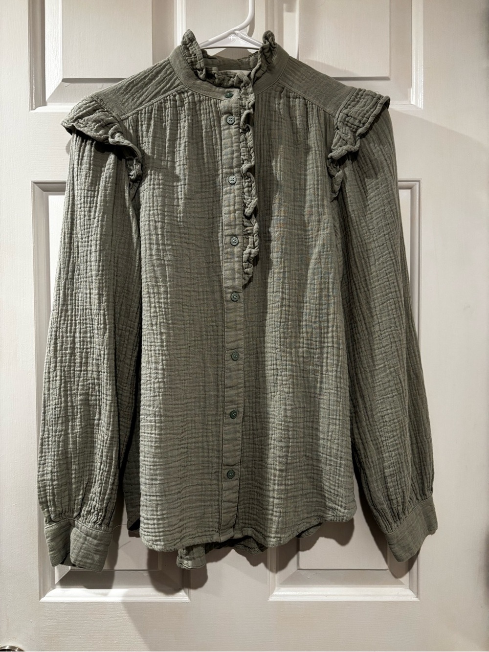 H&M women’s Frill-Trimmed Muslin Blouse in Sage Green